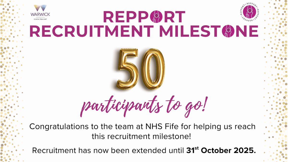 RepportTrial's tweet image. Congratulations to the team at @nhsfife, who helped us reach the &apos;50 to go&apos; milestone this morning!👏

And the countdown continues, with another randomisation from @RWT_NHS already - with exactly 3 months of recruitment to go!✨

@AndyMetOrtho @TobyOSmith @WarwickCTU
