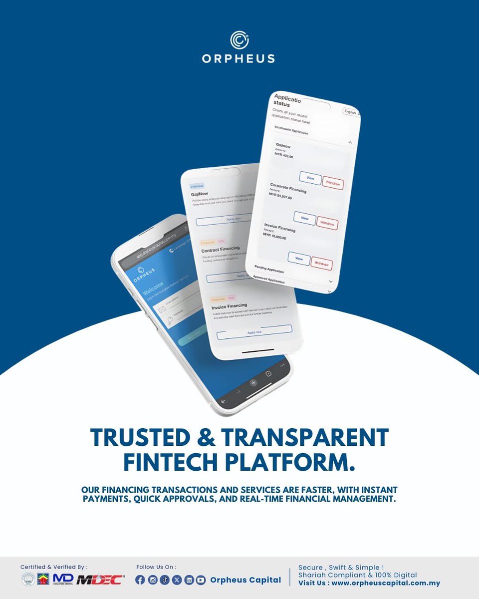 orpheuscapital's tweet image. With our trusted & transparent fintech platform, we make it easier for you to access instant financing, quick approvals, and real-time financial management — so you can focus on your life without fear. 💙
#orpheus #financingfordevelopment #islamicfintech