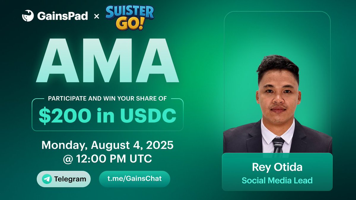 GAINS Associates (@gainsassociates) on Twitter photo 💬 AMA with SuisterGo
⭐️ Featuring Social Media Lead Rey Otida
🏆 $200 USDC in prizes!
Participants must follow <a href="/SuisterGo/">Suister Go</a> and join their Telegram news channel (t.me/SuisterGo) before the event for a chance to win
🗓 Monday, August 4
📍 t.me/GainsChat
⏰ 💬 AMA with SuisterGo
⭐️ Featuring Social Media Lead Rey Otida
🏆 $200 USDC in prizes!
Participants must follow <a href="/SuisterGo/">Suister Go</a> and join their Telegram news channel (t.me/SuisterGo) before the event for a chance to win
🗓 Monday, August 4
📍 t.me/GainsChat
⏰