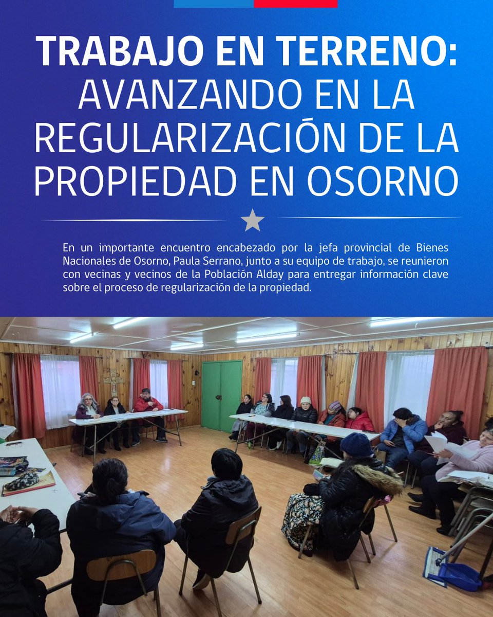 🏡 En un importante encuentro encabezado por la jefa provincial de Bienes Nacionales de Osorno, Paula Serrano, junto a su equipo de trabajo, se reunieron con vecinos de la Población Alday para entregar información sobre el proceso de regularización de la propiedad raíz.