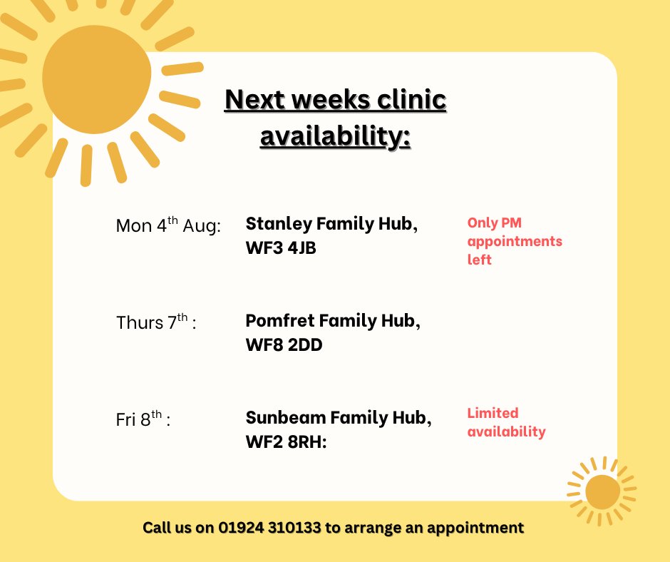 Next weeks clinics are quickly filling up..

Give us a call on 01924 310133 if you would like to arrange an appointment to catch up with your child's routine school vaccinations.