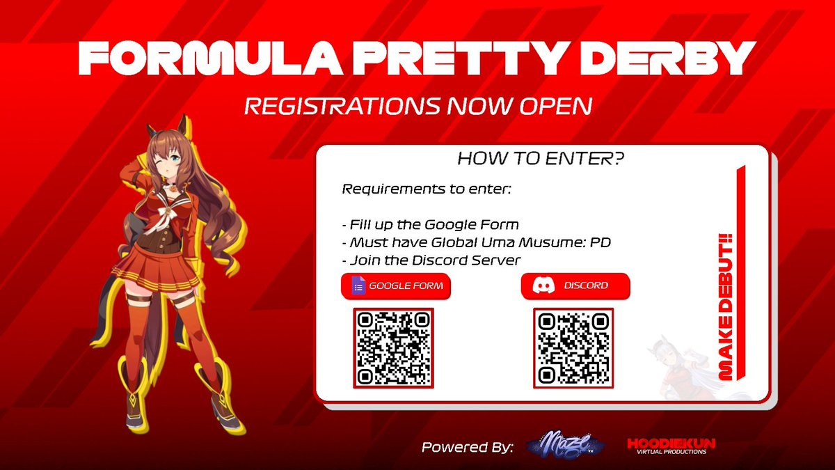 📢 REGISTRATIONS NOW OPEN🏇

💡 How to Enter? To join the event, participants must:

✅ Fill up the Google Form

🎮 Must have Global Uma Musume: Pretty Derby (PD)
 
🗨️ Join the Discord Server

📅 September 13-14, 20-21, 2025 (Race Day)

#umamusume #umamusumeprettyderby