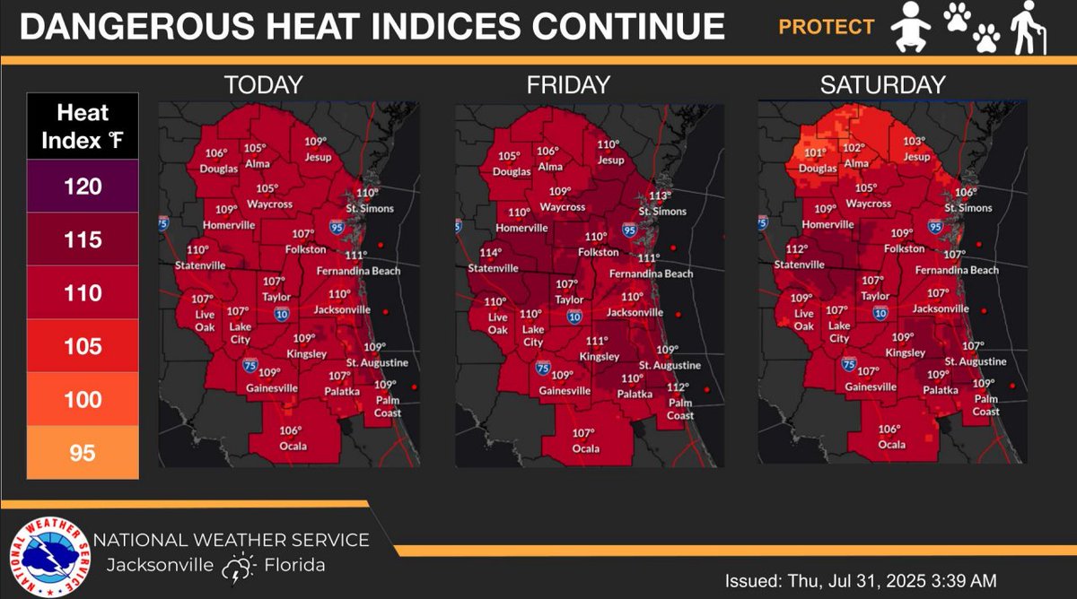 CamdenCountyEMA's tweet image. A #HeatAdvisory is in effect today, Thursday, July 31, 2025, 11AM-7PM, with heat index values expected to reach up to 111.

Drink plenty of fluids, stay in an air-conditioned room, stay out of the sun, and check up on relatives and neighbors.

Take extra precautions when outside.