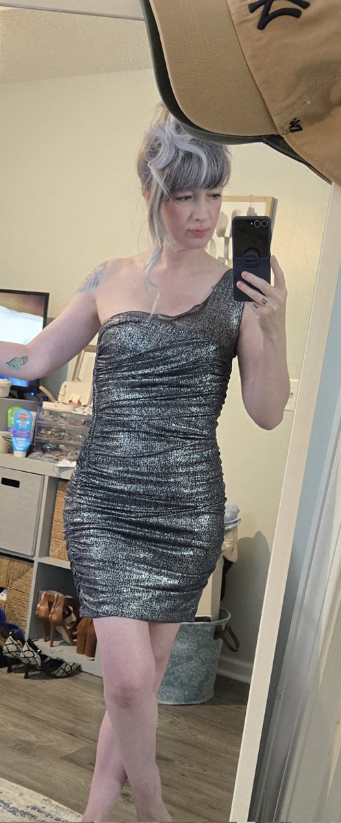 Saturday night 
Dinner at a nice Irish restaurant then rooftop bar for drinks, Atlanta. low of 66°
#1 Cream leather twist dress or #2 Gunmetal one shoulder dress?