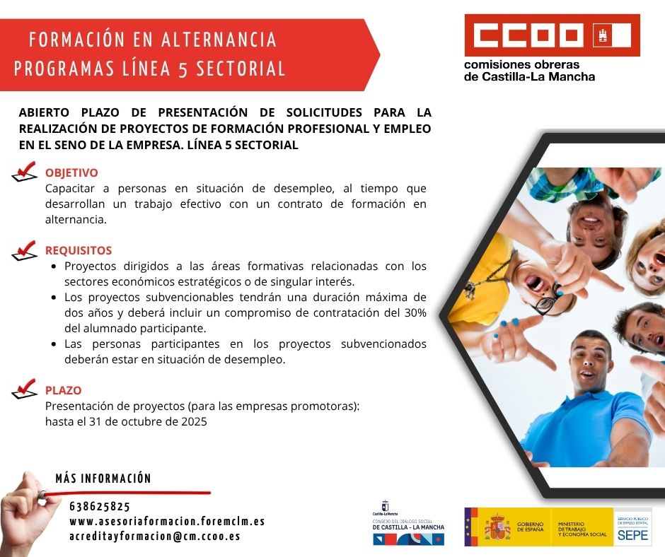 CCOO CLM #PrimerSindicato (@ccooclm) on Twitter photo 🔊 CCOO CLM informa‼
⭕Formación en alternancia
📆 Abierto el plazo para la presentación de solicitudes para proyectos de formación profesional y empleo en el seno de la empresa
Si tienes dudas, contacta con el sindicato 🔊 CCOO CLM informa‼
⭕Formación en alternancia
📆 Abierto el plazo para la presentación de solicitudes para proyectos de formación profesional y empleo en el seno de la empresa
Si tienes dudas, contacta con el sindicato