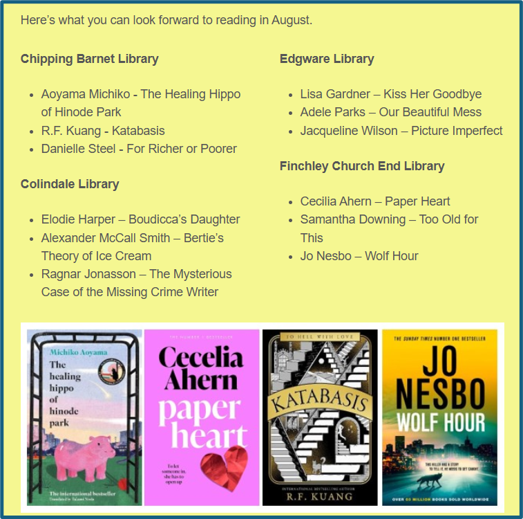 BarnetLibraries's tweet image. Our Most Wanted titles for August are coming soon to a shelf near you! Drop in to Chipping Barnet, Edgware, Colindale, and Finchley Church End libraries to pick up the latest bestsellers instantly, with no waiting lists!

bit.ly/43m15I5

#DiscoverYourLibrary