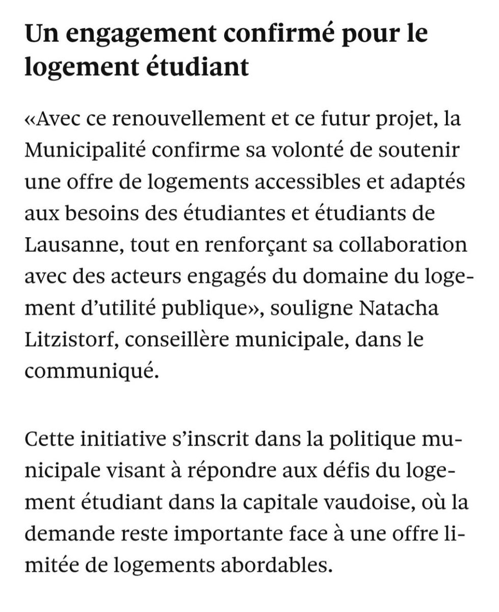 En renouvelant son soutien financier à la Fondation Solidarité Logements pour les Étudiants, la Ville soutient activement une offre de logements accessibles et adaptés aux besoins des étudiants et étudiantes. 

📰 : <a href="/24heuresch/">24 heures</a>