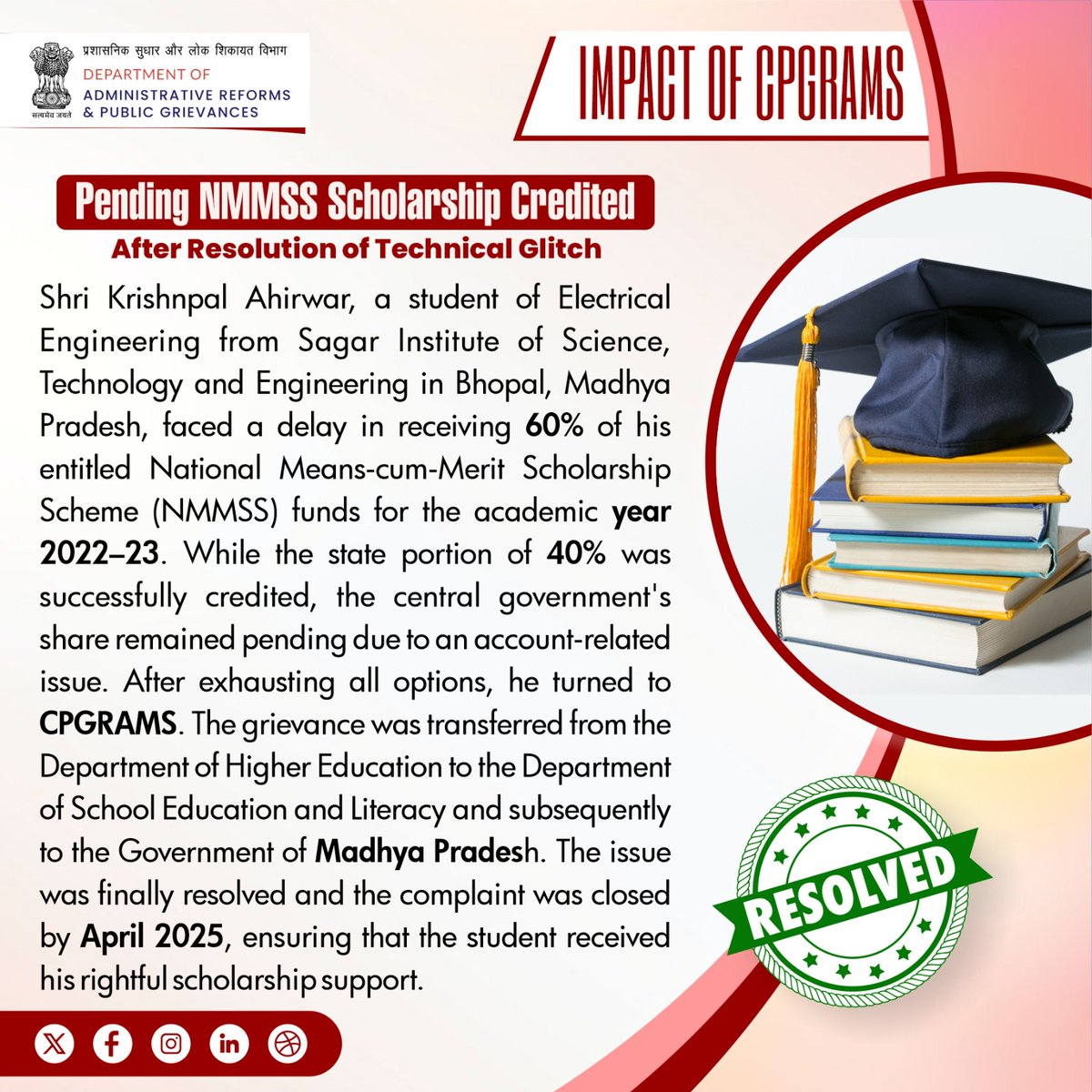 Through effective grievance redressal, #CPGRAMS is resolving citizen concerns promptly, enhancing trust in governance, and creating a positive impact across India.

Pending NMMSS Scholarship Credited After Resolution of Technical Glitch

#SuccessStory #CitizenFirst