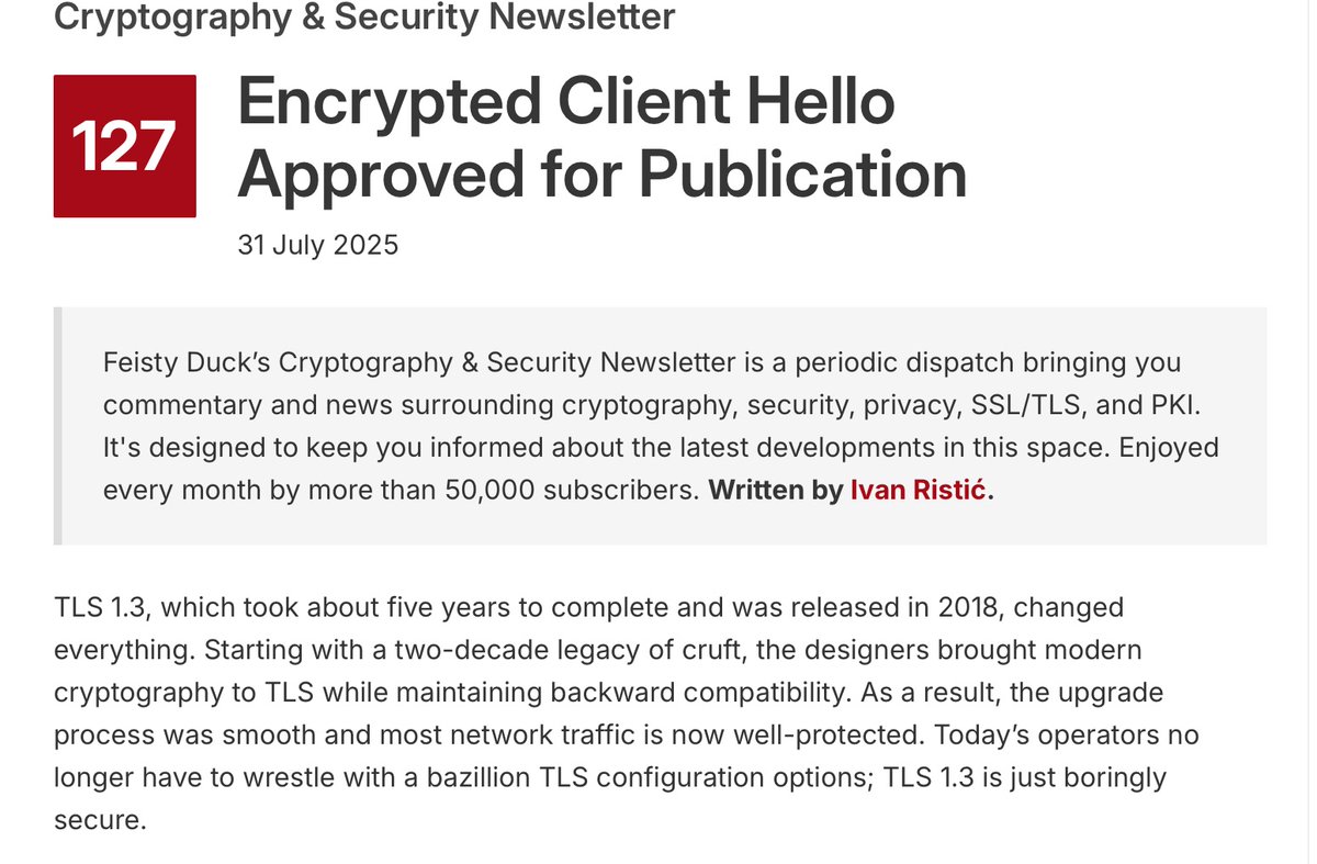 Cryptography &amp; Security Newsletter is out! In this issue:
- Encrypted Client Hello Approved for Publication
- Short News
feistyduck.com/newsletter/iss…