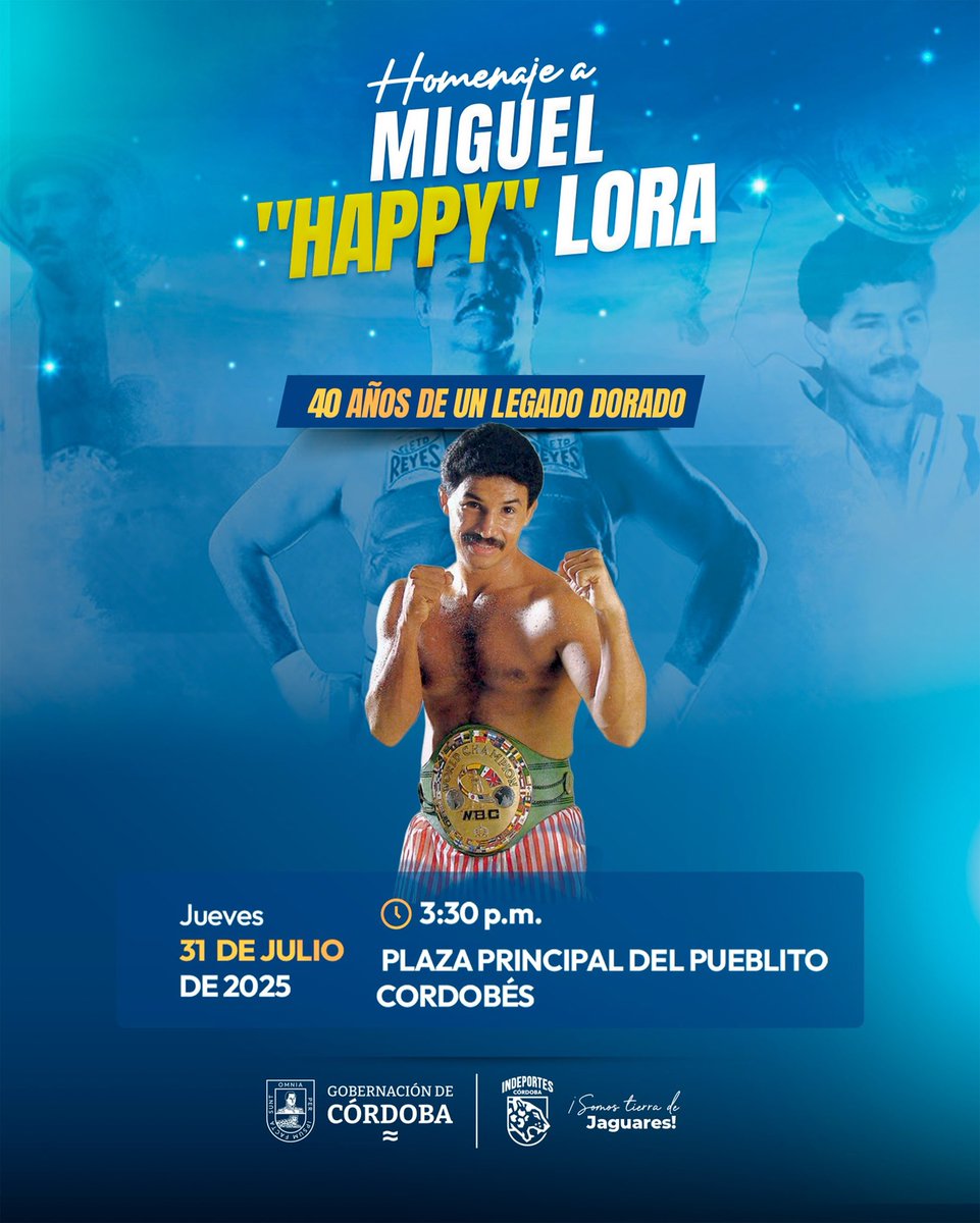 ¡Hoy Córdoba se pone de pie por su campeón!🥊

A las 4:00 p.m. en el corazón del Pueblito Cordobés, rendimos homenaje a Miguel “Happy” Lora, ícono del boxeo mundial y orgullo eterno de Montería.

📍 Te esperamos para aplaudir su historia y seguir sembrando orgullo cordobés.