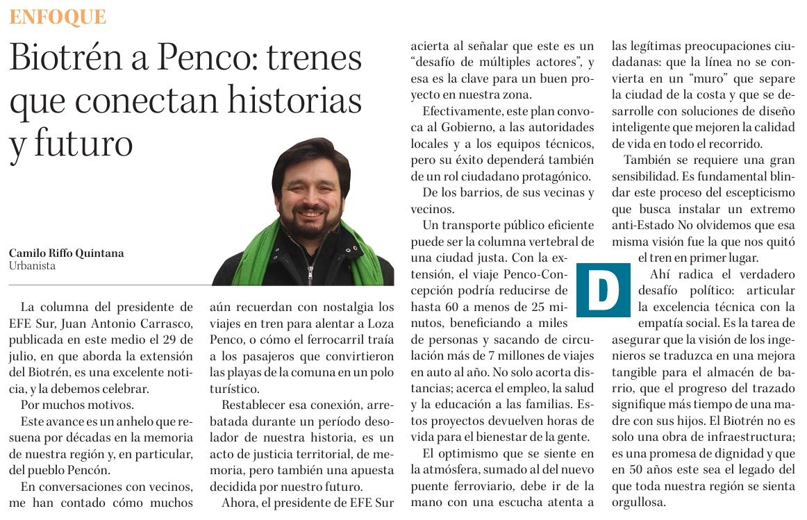 A propósito del Biotrén a #Penco, una reflexión que les comparto en el #DiarioConcepción:

"No olvidemos que la misma visión de un extremo anti-Estado fue la que nos quitó el tren en primer lugar."

La historia no miente.

#BiotrenParaPenco