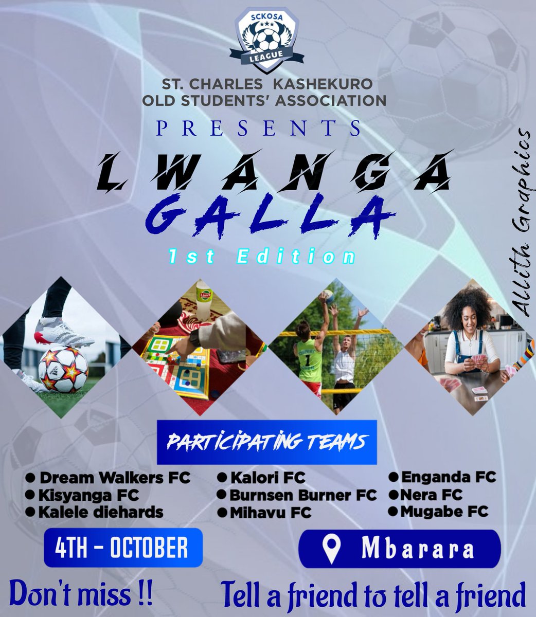 AllithGraphics's tweet image. "IT'S GAME TIME! ⚽️🔥 Bring your A-game, passion &amp;amp; team spirit! Let's conquer Lwanga Galla! 🏆💥 Show your skills, determination &amp;amp; heart! Unforgettable moments await! 🔥👏 Let's do this! 💪
#PreDeolaboremus #LwangaGalla #TeamSpirit #SoccerFever"