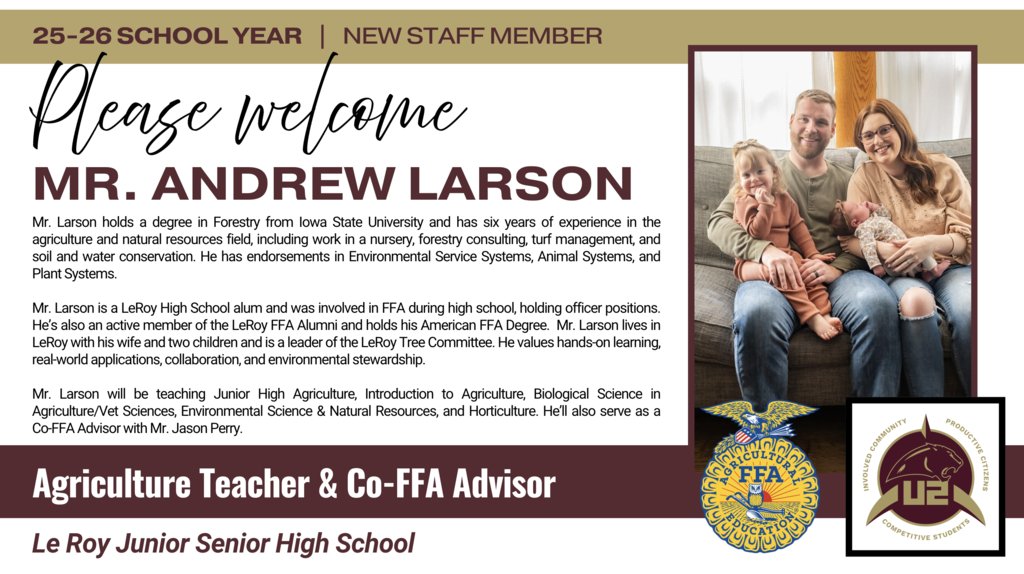 Please welcome Mr. Andrew Larson to LeRoy Junior-Senior High School!