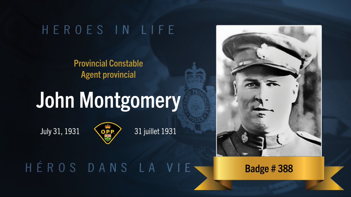 On July 31, 1931, OPP Provincial Constable John Montgomery died in the line of duty. His life and sacrifice will always be remembered. #HeroesInLife
-
Le 31 juillet 1931, l’agent provincial John Montgomery de la Police provinciale de l'Ontario est décédé dans l'exercice de ses