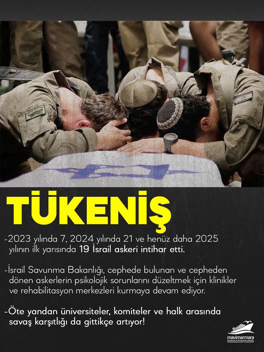 İşgal askerleri, gerçekleştirdikleri katliamdan dolayı yaşadığı psikolojik bunalım sebebiyle intihar etmeye devam ediyor!

🔎Resmi rakamlara göre 2023 yılında 7, 2024 yılında 21 ve henüz daha 2025 yılının ilk yarısında 19 İsr*il askeri intihar etti.
