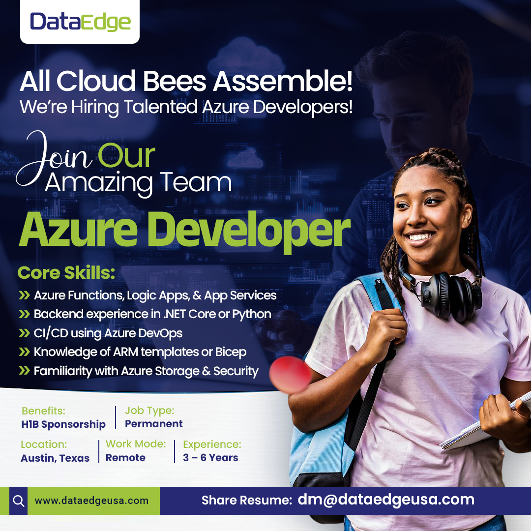 dataedgeusa's tweet image. All Cloud Bees Assemble! We’re Hiring Talented Azure Developers!!

Role: Azure Developer
Share Resume: dm@dataedgeusa.com
.
.
.
#AzureDeveloper #DotNetJobs #PythonJobs #AzureJobs #RemoteJobs #TechJobs #AustinJobs #HiringNow #CloudJobs #AzureFunctions #AzureDevOps #ITJobs #H1B
