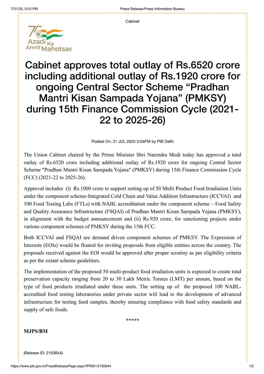 chetanbragta's tweet photo. Thanks to PM Modi ji, ₹6520 crore approved for Pradhan Mantri Kisan Sampada Yojana including ₹1920 crore additional outlay to boost food processing infrastructure cold chains and food safety labs across India. A big step for farmers and safe food supply. https://t.co/FcWTM5JARa
