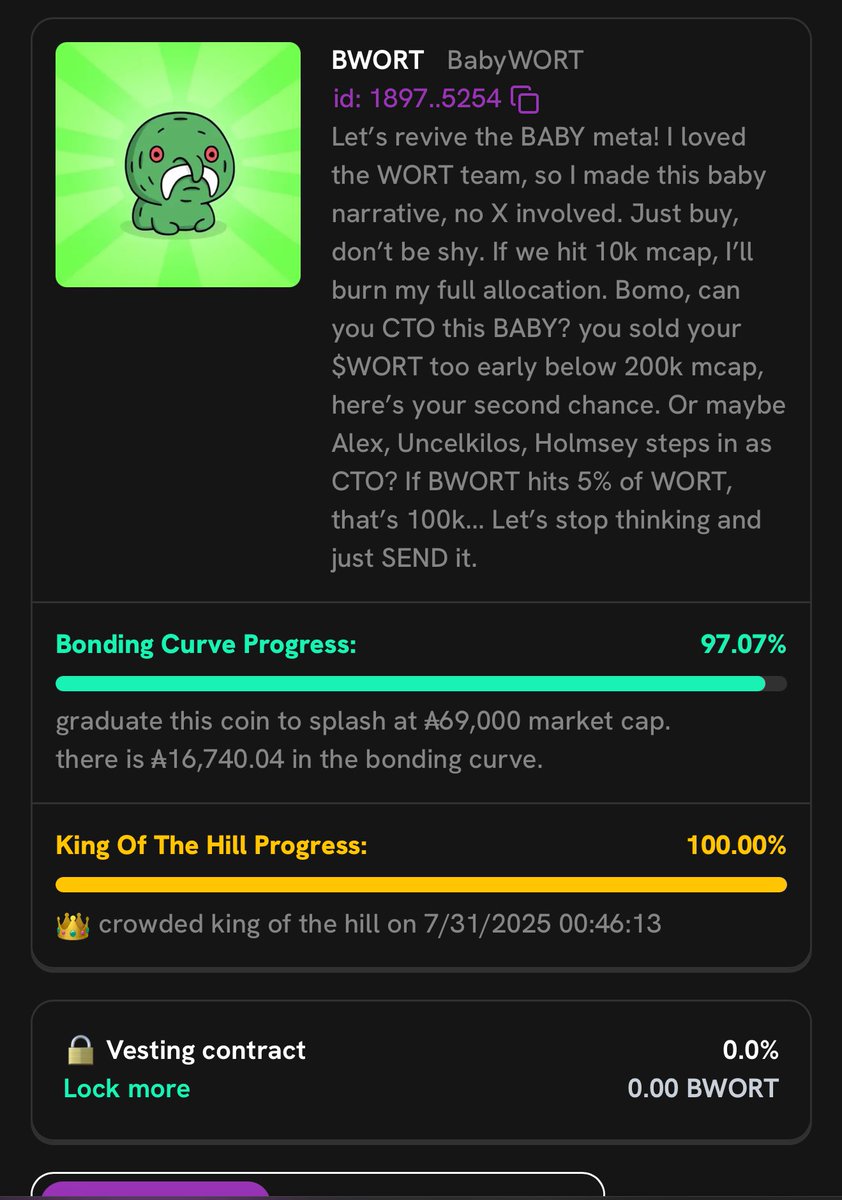 $BWORT about to bond 🔥 

CTO team paid Taptools &amp; pushing out good memes 💪🏽

Only babywort that’s verified and doing stuff, easy 200k mc minimum! <a href="/BabyWortADA/">Baby Wort</a>