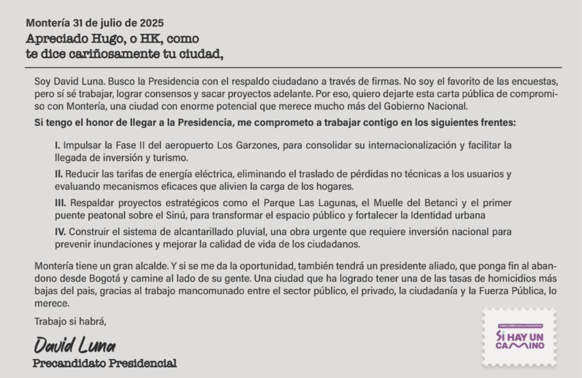 #DatoPolítico La carta de <a href="/lunadavid/">David Luna</a> a <a href="/kerguelenhugo/">Hugo F. Kerguelen G.</a> me transporta a tiempos donde el amor se escribía en letras. ¡Montería enamora! Una ciudad pujante, autosostenible y con gran proyección en seguridad. Luna lo dijo bien: “Montería tiene un gran alcalde”.