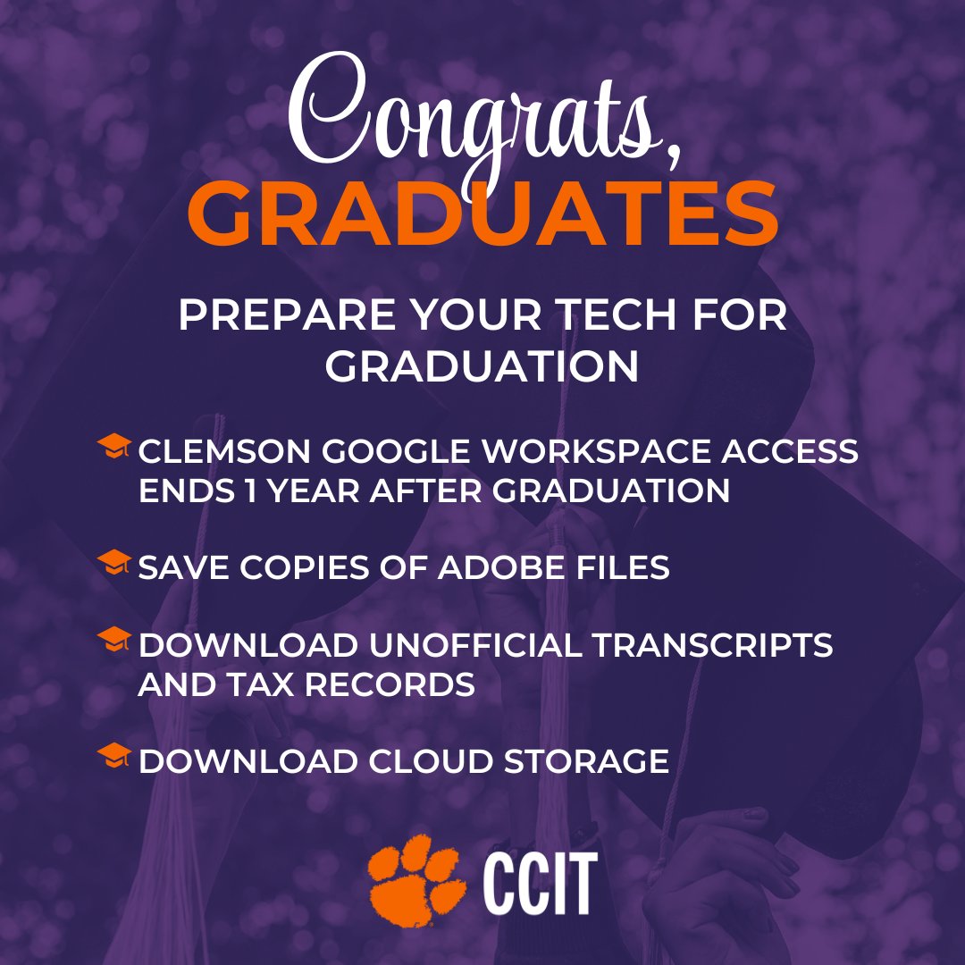 Happy Graduation, Tigers! Before you toss your cap, make sure you prep your tech. Learn more: ccit.clemson.edu/news/do-i-keep…
#Graduation #CCIT #TechPrep 🐅💻🎓