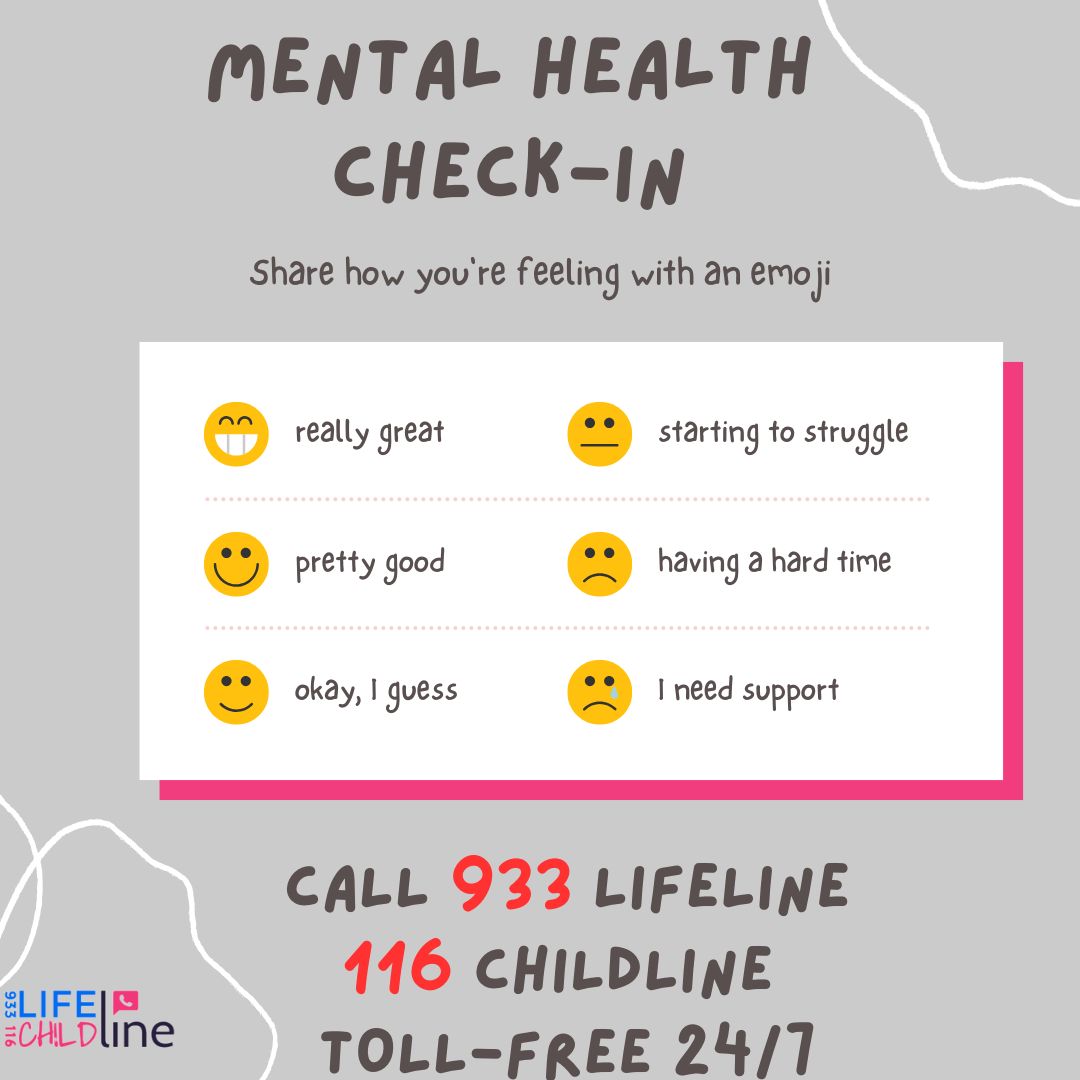 🧠💚 Mental Health Check-In 💚🧠
Take a moment. Breathe. How are you really feeling today?

It’s okay not to be okay. You don’t have to carry it all alone.

📞 If you need someone to talk to, help is just a call away:
➡️ 933 –Lifeline 
➡️ 116 –Childline 

 💬 #MentalHealthMatters