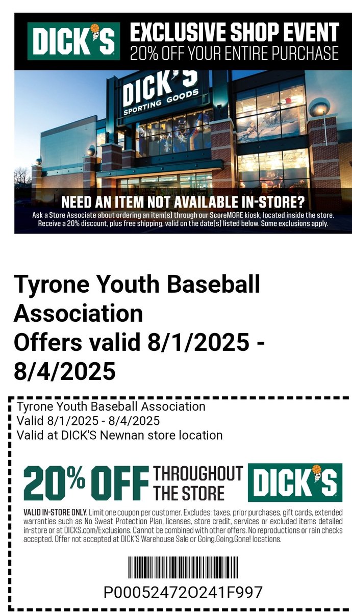TyroneBaseball's tweet photo. Be sure to use Dick's Sporting Goods coupon for your baseball equipment needs Aug 1st-4th

Remember registration ends Friday, August 1st for 4u-14u https://t.co/bn7BX8T9t2 https://t.co/QbnSJ0NDqW