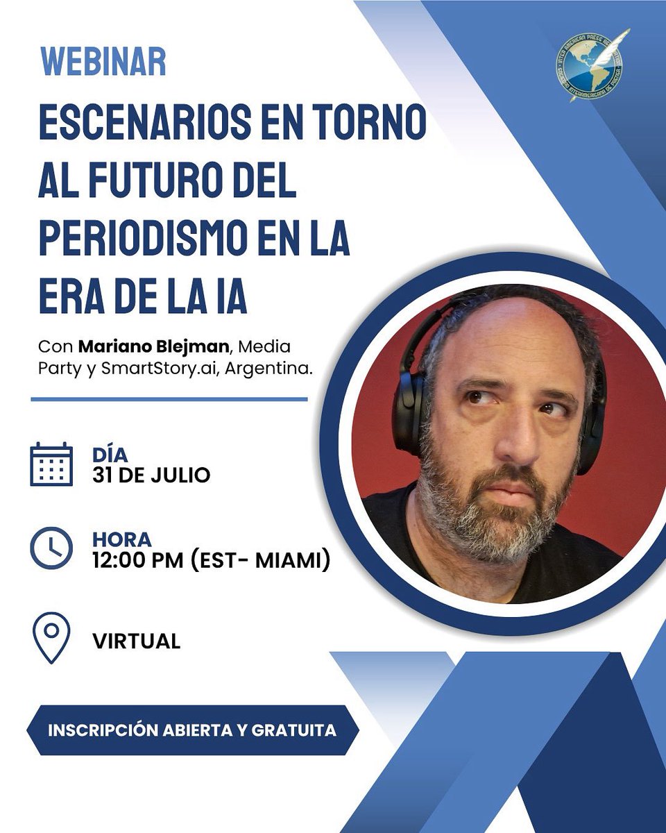 SIP • IAPA (@sip_oficial) on Twitter photo 💻 #WEBINAR | Escenarios en torno al futuro del periodismo en la era de la #IA. 
🗣️No se pierdan de este webinar junto a <a href="/blejman/">Mariano Blejman</a>, fundador y director de <a href="/mediapartyorg/">Media Party🎉</a>. 
📅 ¿Cuándo? - Hoy a las 12:00 (hora Miami) 
🔗Inscribete aquí 👉🏼 us02web.zoom.us/webinar/regist… 💻 #WEBINAR | Escenarios en torno al futuro del periodismo en la era de la #IA. 
🗣️No se pierdan de este webinar junto a <a href="/blejman/">Mariano Blejman</a>, fundador y director de <a href="/mediapartyorg/">Media Party🎉</a>. 
📅 ¿Cuándo? - Hoy a las 12:00 (hora Miami) 
🔗Inscribete aquí 👉🏼 us02web.zoom.us/webinar/regist…