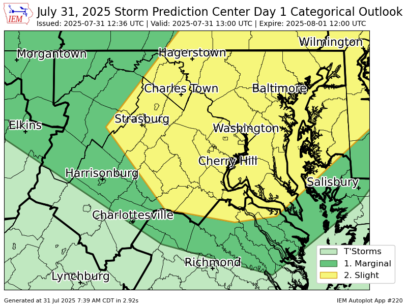 #SPC issues Day 1 Slight Convective Risk at Jul 31, 12:36z for LWX spc.noaa.gov/products/outlo…