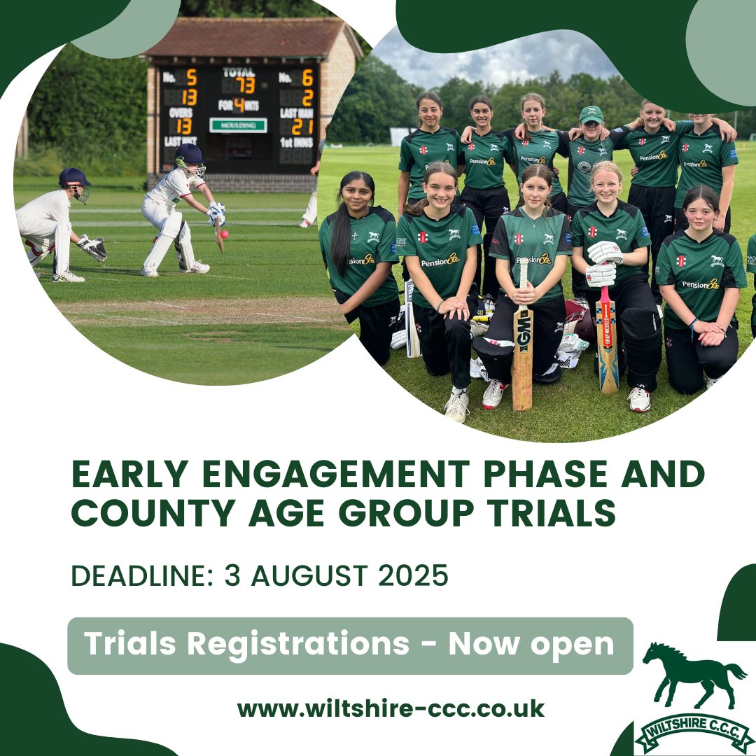 🔊 REMINDER 🔊

🏏 Early Engagement and Talent Pathway trial registrations are open!

📧 Emails have been sent to affiliated clubs with details 

🗓️ Deadline for registrations: 3rd August 

🔗 EEP: wiltshire-ccc.co.uk/news/2025-07-1…
🔗 Talent Pathway: wiltshire-ccc.co.uk/news/2025-07-1…