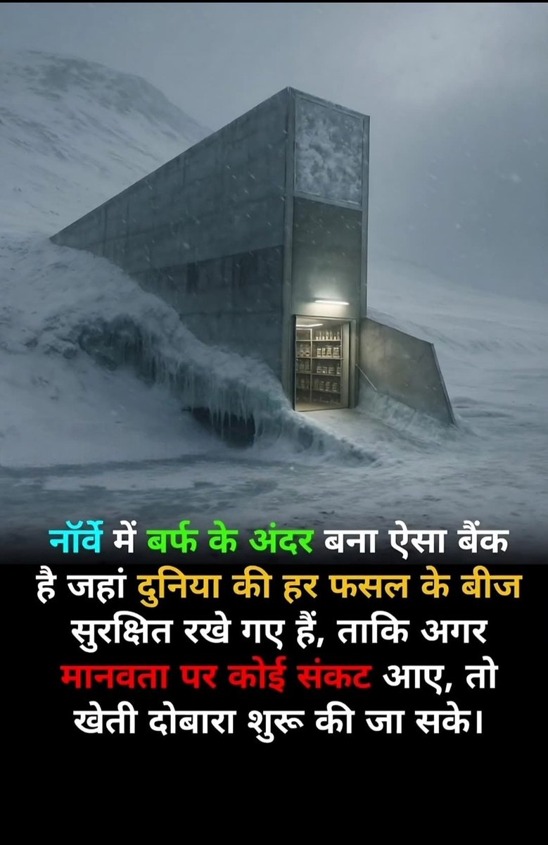 26 फरवरी 2008 को नार्वे में बर्फ के अंदर बना ऐसा बैंक जहां दुनिया की हर फसल के बीज सुरक्षित रखे गए हैं, ताकि अगर मानवता पर कोई संकट आए, तो खेती दोबारा शुरू की जा सकें।🤗
.
.
#AmazingFacts #DoomsdayVault #IncredibleWorld #FoodSecurity #Norway #SeedVault #EarthTreasure #KNOWLEDGE