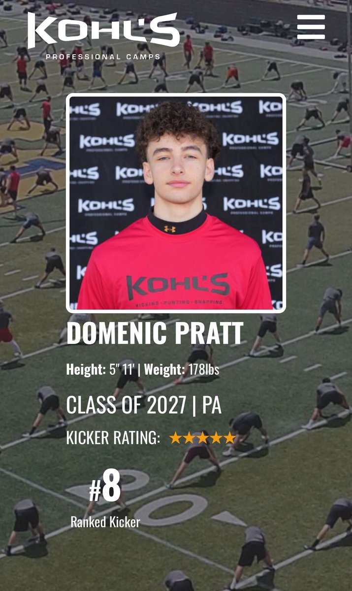 Domenic Pratt (@domenic_pratt) on Twitter photo Blessed to be rated as a 5 star and the #8 kicker in 🇺🇸 by <a href="/KohlsKicking/">Kohl's Kicking Camps</a> for the class of 2027
<a href="/HKA_Tanalski/">Adam</a>
<a href="/cvqbclub/">Central Valley Quarterback Club-Warriors Football</a>
<a href="/CoachLyonsCVfb/">Mark Lyons</a>
<a href="/WPIAL_Insider/">WPIAL Insider</a>
<a href="/wpialsportsnews/">WPIAL Sportsmen</a>
<a href="/PghSportsNow/">Pittsburgh Sports Now</a> Blessed to be rated as a 5 star and the #8 kicker in 🇺🇸 by <a href="/KohlsKicking/">Kohl's Kicking Camps</a> for the class of 2027
<a href="/HKA_Tanalski/">Adam</a>
<a href="/cvqbclub/">Central Valley Quarterback Club-Warriors Football</a>
<a href="/CoachLyonsCVfb/">Mark Lyons</a>
<a href="/WPIAL_Insider/">WPIAL Insider</a>
<a href="/wpialsportsnews/">WPIAL Sportsmen</a>
<a href="/PghSportsNow/">Pittsburgh Sports Now</a>