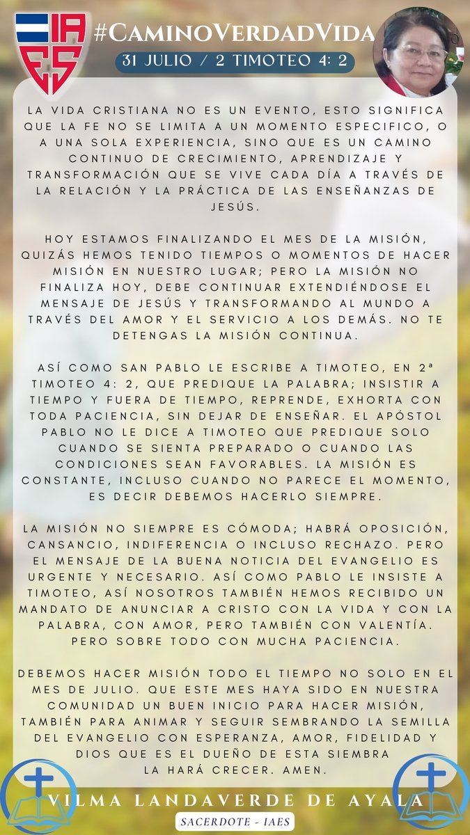 🙌 Terminamos el #MesDeLaMisión… ¡pero la misión no se detiene! 

📖 La Rvda. Vilma de Ayala nos recuerda con 2 Timoteo 4:2 que debemos "predicar la palabra, a tiempo y fuera de tiempo".

#CaminoVerdadVida #IAES #SomosMisión #IglesiaEpiscopalAnglicana #EvangelioEnAcción