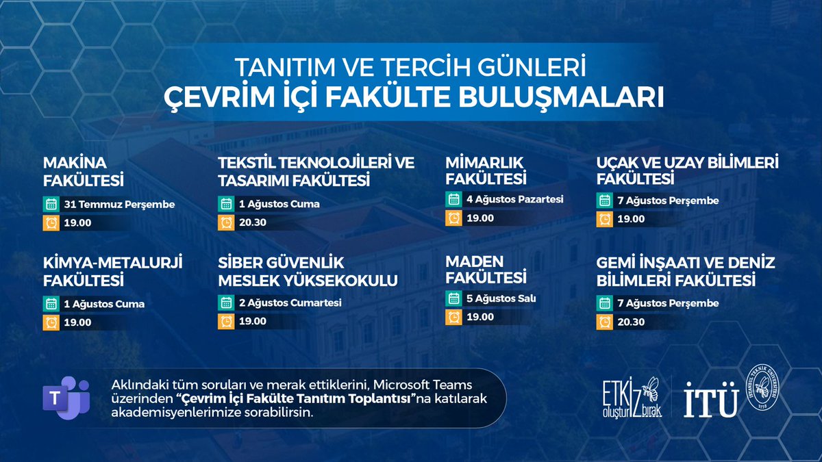 Tanıtım ve Tercih Günleri Çevrim İçi Fakülte Buluşmaları 🐝

Tercih döneminde aklına takılan ve merak ettiğin tüm soruları doğrudan akademisyenlerimize sorabilir, bölümler hakkında detaylı bilgi alabilirsin.  

Merak ettiklerini akademisyenlerimize sor 💬 
Bölümler hakkında