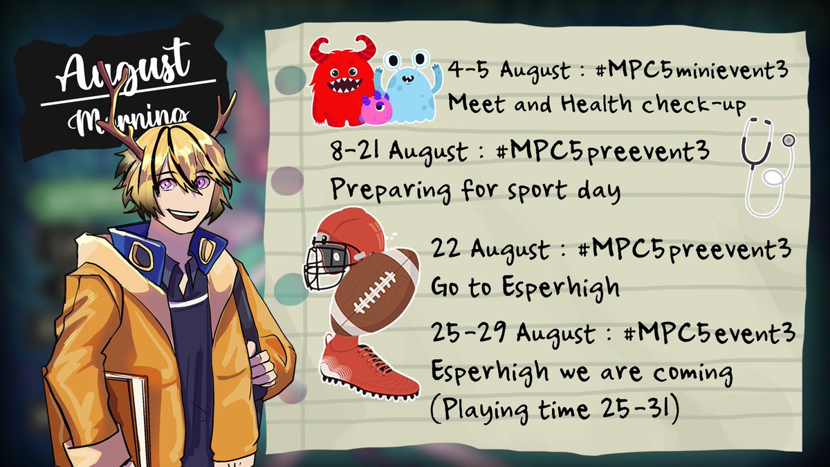 "สวัสดี นี้คือ Spookyhigh Broadcast 

เข้าสู่เดือนที่สามแล้วนะพวกมอนสเตอร์

คงอิ่มกับเทศกาล  Monpalz Festival ไปเลยล่ะสิท่า

แต่เดือนนี้ พวกเรามีนัด แน่นอนกับเหล่าเอสเปอร์ไฮน์ ศัตรูคู่กัดของพวกเรานั่นเอง เหมือนจะมีกิจกรรมพิเศษที่จะเข้ามาสำหรับปีนี้