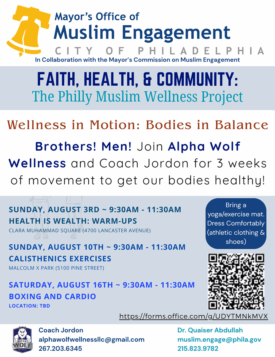 Just 3 days away!
Philly brothers, join @AlphaWolfWell &amp; Coach Jordon for 3 Saturdays of movement &amp; health.
Aug 3, 10, 16 | 9:30–11:30AM
Multiple locations
ALL men welcome
muslim-engage-philly.odoo.com/r/qOd

Grounded in Spiritual Liberation – #ByAnyMeansPHL