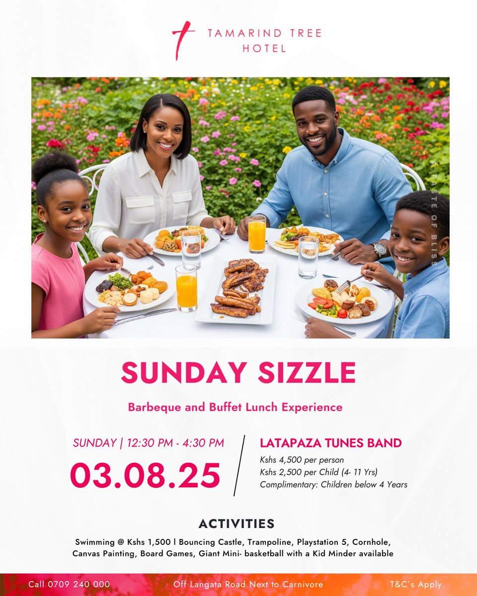 This Sunday, love and laughter bloom around the table! Dive into a sizzling barbeque and bountiful buffet, crafted for pure joy and unforgettable memories. Good food, great company, and endless smiles await. 

Call 0709 240 000 or Whatsapp 0727 824 138 #SundayFamilyJoy