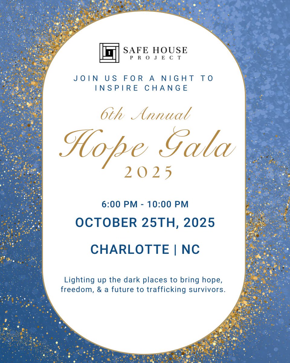 The 6th annual Hope Gala returns on October 25th for another unforgettable evening of celebration, inspiration, and impact. 

🎟 Tickets available—grab yours today: charlottegala25.givesmart.com

 #SafeHouseProject #Gala2025 #EndHumanTrafficking