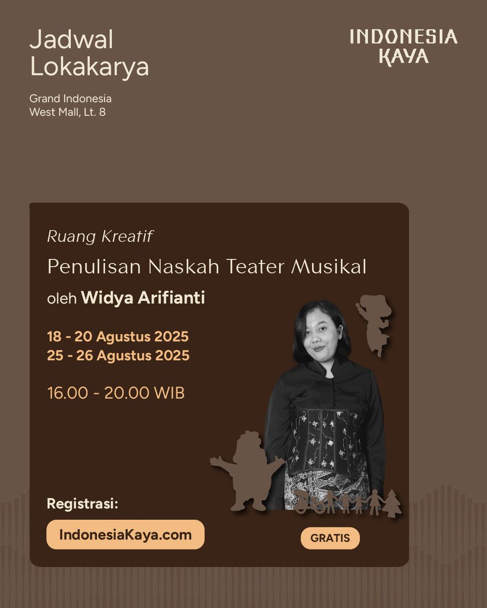 Widya Arifianti (@numpangobrol) on Twitter photo Buat teman-teman yang mau jadi penulis naskah teater musikal, ayo kita belajar bareng di Ruang Kreatif persembahan <a href="/IndonesiaKaya/">Indonesia Kaya</a>. GRATIS!
Workshopnya 5 hari jadi bisa puas tanya jawab. Semoga selesai dari workshop ini, teman-teman bisa punya outline naskah.
Sampai jumpa 🤍 Buat teman-teman yang mau jadi penulis naskah teater musikal, ayo kita belajar bareng di Ruang Kreatif persembahan <a href="/IndonesiaKaya/">Indonesia Kaya</a>. GRATIS!
Workshopnya 5 hari jadi bisa puas tanya jawab. Semoga selesai dari workshop ini, teman-teman bisa punya outline naskah.
Sampai jumpa 🤍