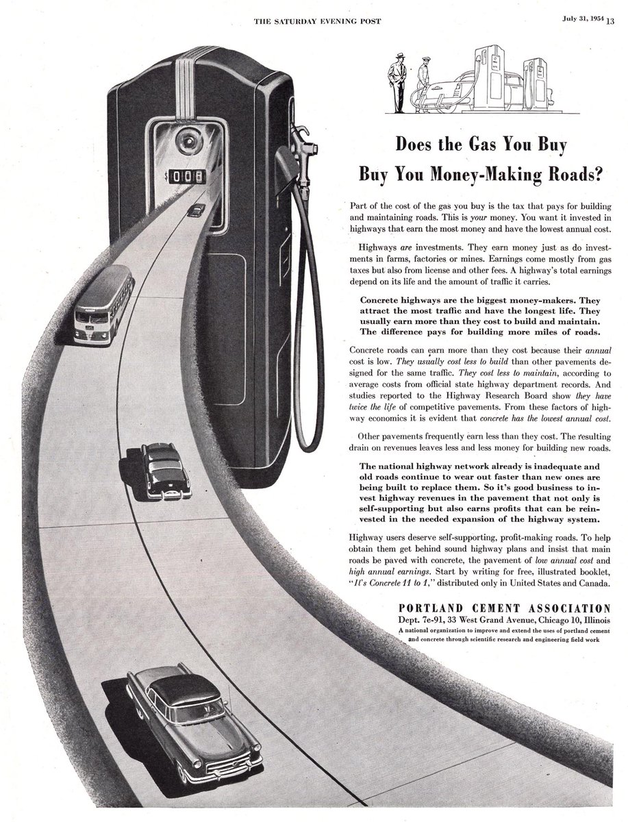 LRonLacy's tweet image. #OTD in 1954 in the #SaturdayEveningPost
‘Does the Gas You Buy Buy You Money-Making Roads?’
#PortlandCement Association
*The Saturday Evening Post*, July 31, 1954
Illustrator unknown
@SatEvePost
#illustration #illustrationart #roadtax #gasolinetax #infrastructure #concrete