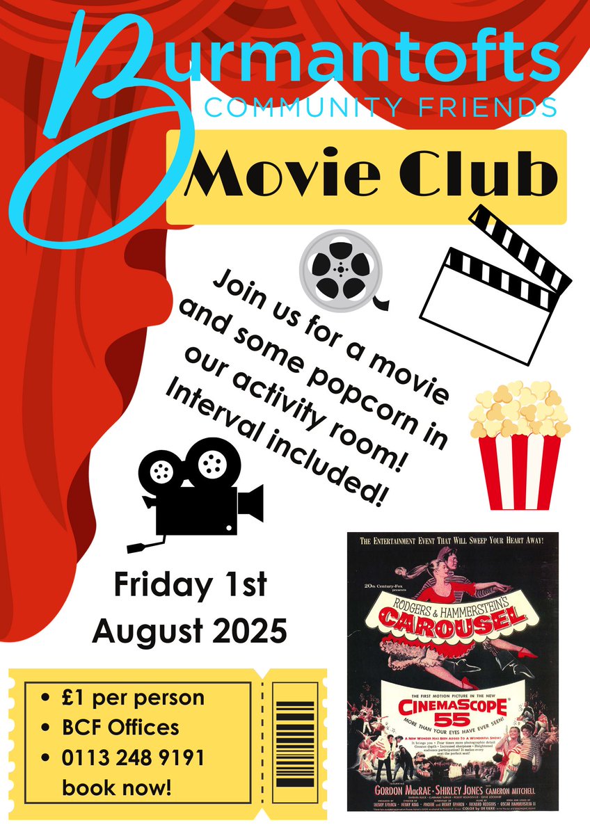 Join us at the BCF Pictures this week for a screening of Carousel! £1 for popcorn, ice cream, and lovely company. Call 0113 249 9191 to book your place, 12pm BCF activity room. 🎬 #CommunityCinema
#MovieClub