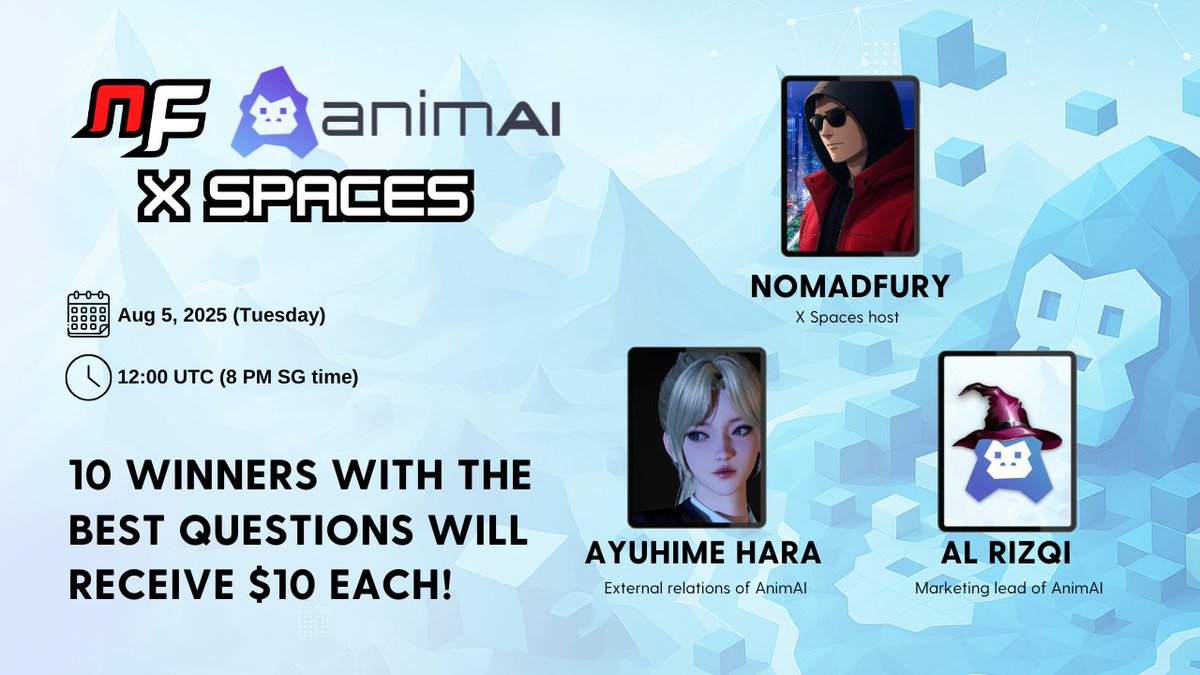 nomadfury.sol ๐ (@nomadfury_) on Twitter photo ๐๏ธ I've missed hosting X Spaces after a long time, so I'm doing one next week with <a href="/AnimaiAI/">Animai</a>!
๐๏ธ Aug 5 2025 (Tuesday)
๐ 12 UTC (8 PM SG time)
๐ 10 winners with the best questions will receive $10 each! ๐
Set your reminders here ๐ x.com/i/spaces/1djxXโฆ
Hope to see you ๐๏ธ I've missed hosting X Spaces after a long time, so I'm doing one next week with <a href="/AnimaiAI/">Animai</a>!
๐๏ธ Aug 5 2025 (Tuesday)
๐ 12 UTC (8 PM SG time)
๐ 10 winners with the best questions will receive $10 each! ๐
Set your reminders here ๐ x.com/i/spaces/1djxXโฆ
Hope to see you