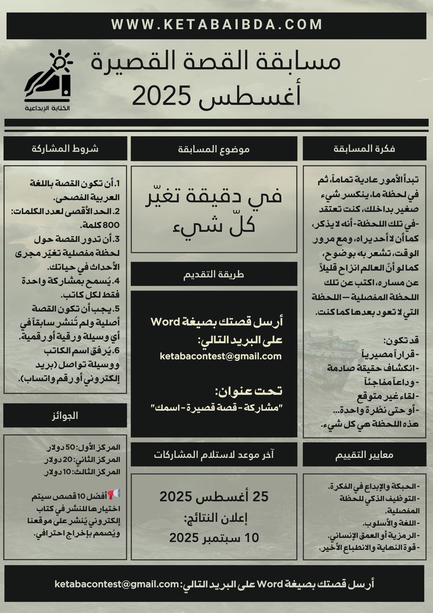 🏆 مسابقة القصة القصيرة – أغسطس 2025 
ketabaibda.com/2025/07/31/htt…