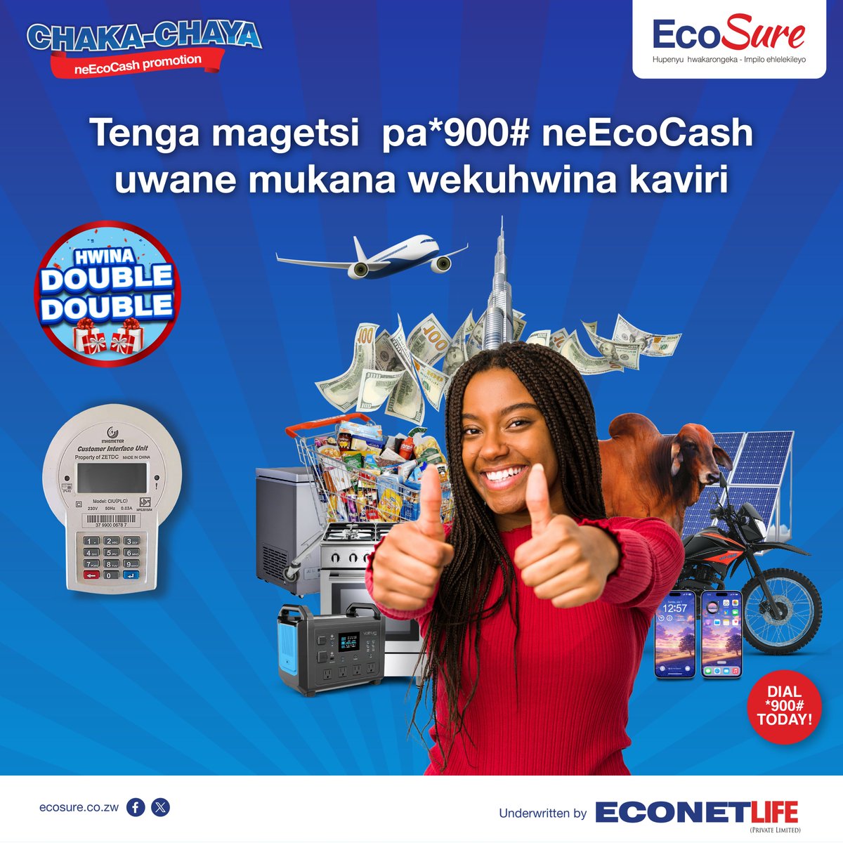 Wauya zvakare mukana wekuhwina kaviri! Tenga magetsi neEcoCash pa*900# uwane mukana wekuhwina muChakaChaya Promotion neimwe mibairoyakawedzerwa ne EcoSure. Tevedzera izvi kuti upinde mumakwikwi:
