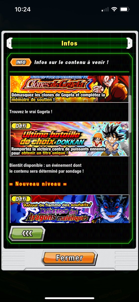Bientôt sur #DokkanBattle 🔥 :

• ZLR Vegeta trunks INT 
• ZTUR Gogeta 4 INT
• Nouveaux événements défi avec titre, tickets, nouvelle mémoire, et renforcement de mémoire à la clé !
• Nouveau Burst mode
• Nouvelles sphères d'aptitudes et tickets à récupérer chez baba