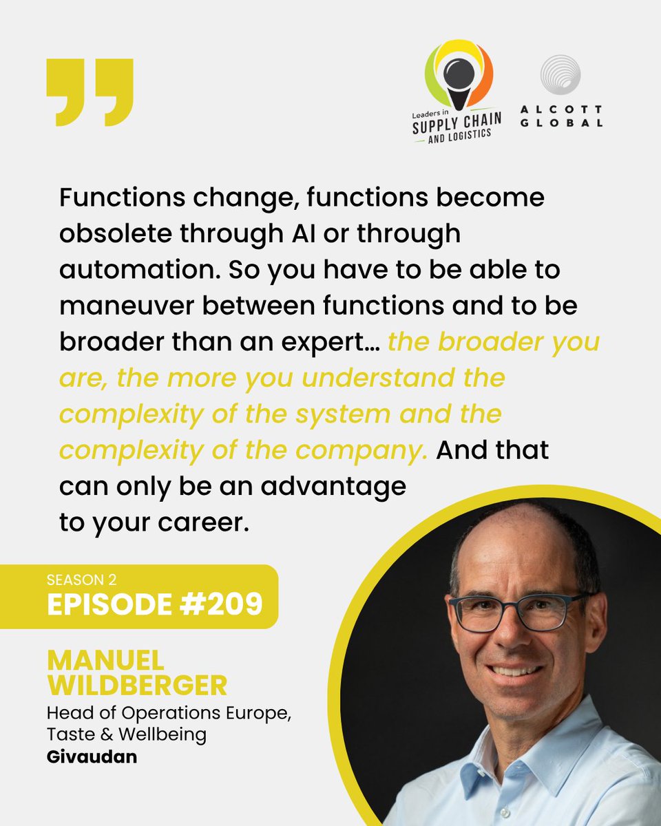 Join us in Episode 209 of Leaders in Supply Chain and Logistics Podcast featuring Manuel Wildberger, Head of Operations for Europe Taste &amp; Wellbeing at Givaudan, 

Hosted by Fei Yu.

Listen to the full episode here. alcottglobal.com/podcast/leader…
