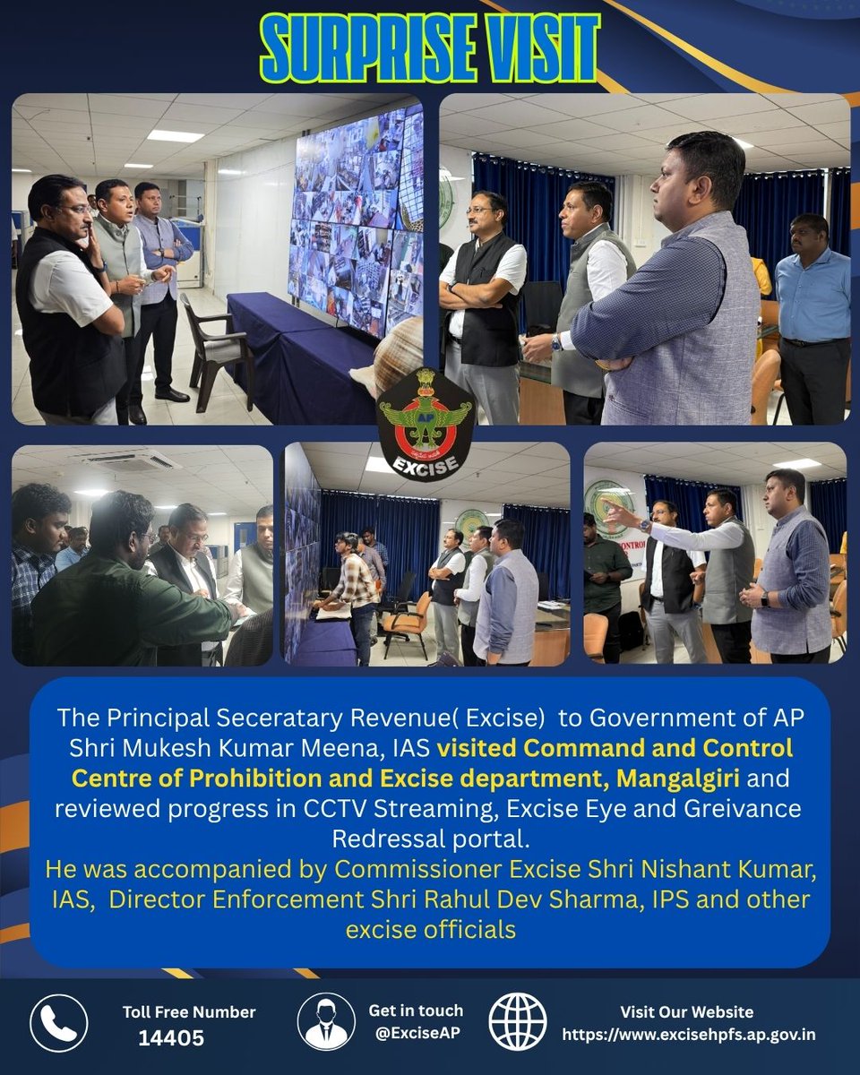 exciseAP's tweet image. 📍 Mangalagiri | Excise Command &amp;amp; Control Centre The Principal Seceratary Revenue( Excise)  to Government of AP Shri Mukesh Kumar Meena, IAS visited Command and Control Centre of Prohibition and Excise department, Mangalgiri. #ExciseAP #eGovernance #AndhraPradesh #ExciseReforms