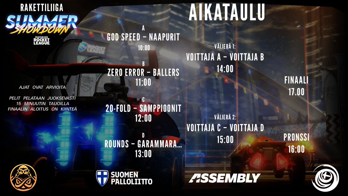 Huomenna mennään!

Alla alustava otteluohjelma.
Ensimmäinen peli ja finaali on kiinteällä aloitusajalla.
Muut pelit liukuvasti, niin että jokaisen sarjan välissä on 15min tauko.

Lähetys twitch.tv/ejalkapallo sekä tietenkin paikan päällä nautittuna Assembly Summer tapahtumassa!
