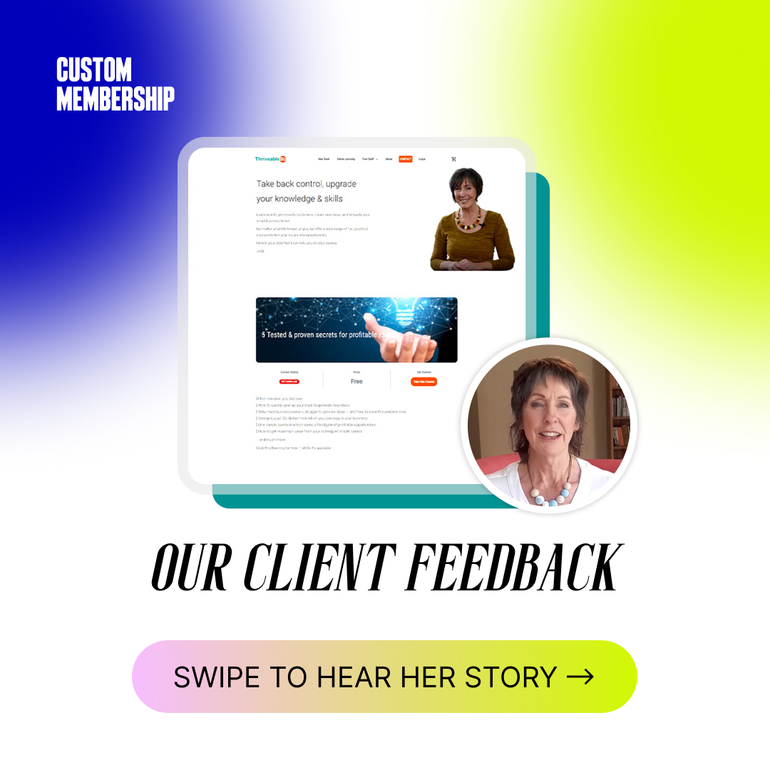 Our Client Feedback

Judy Celmins
Founder of ThriveableBiz

🎥 Watch the full video here:
👉 youtu.be/gwZVyrBE9ts

Need a Membership Site that Works? We’ll help you build it right. Visit us at custommem.io #ClientTestimonial #OnlineCourses