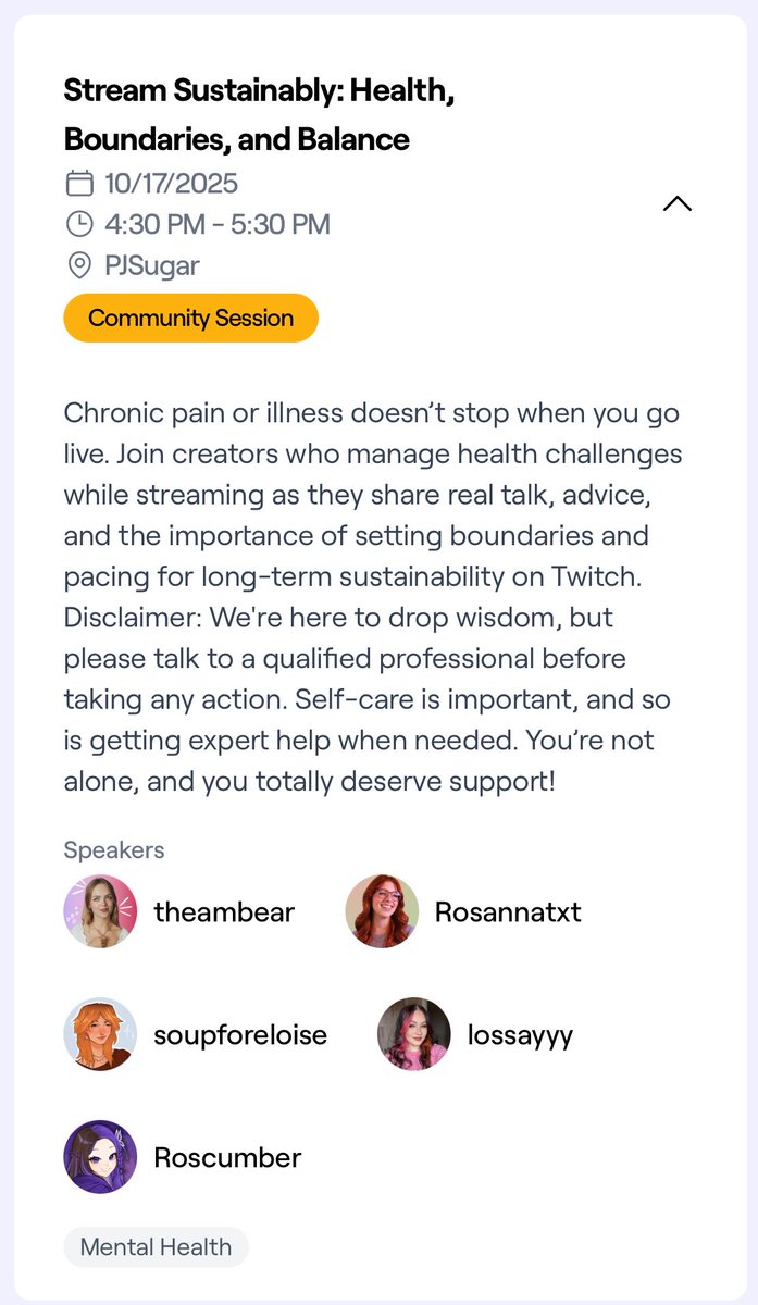 I will be speaking on 4!! Panels at TwitchCon US!! 🥹 Huge bucket list moment here! 

I cannot wait to tell you all about these topics I’m passionate about together with my amazing fellow panelists 💜