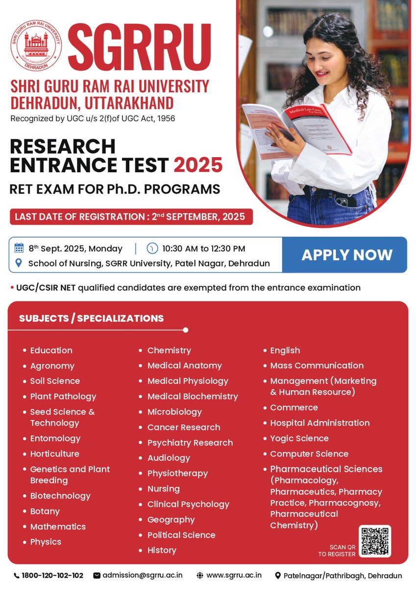 SGRRUOFFICIAL's tweet image. 🎓 Unlock Your Research Dreams!
Apply now for the Research Entrance Test 2025 for Ph.D. Programs at SGRR University.

📍 Exam Date: 08 September 2025
📌 Venue: School of Nursing, Patel Nagar, Dehradun
🗓️ Last Date to Apply: 02 September 2025
#sgrru #phdentrance #entrancetest